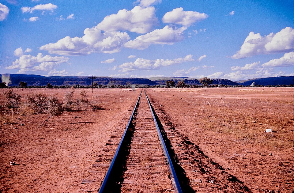 Central Australia Railway line into Alice Springs, 1958 (A Attwood LANT ph0815 0139)
