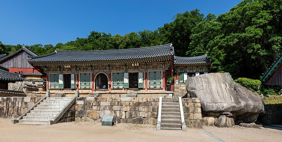 Exterior view of Beomeosa temple with rock stairs and blue sky in Busan South Korea