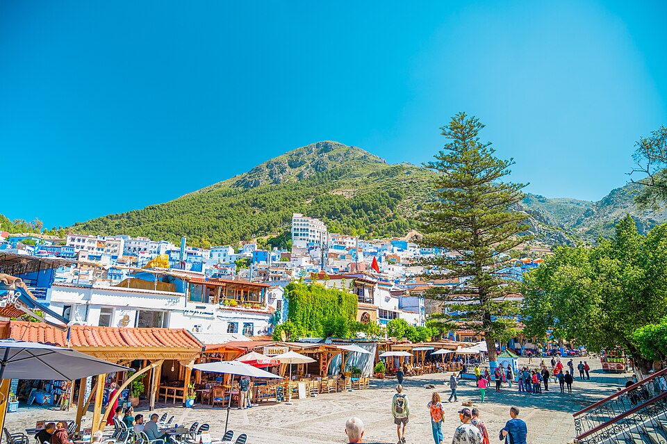 Chefchaouen the blue city of morocco with the mountain view in the backrgound