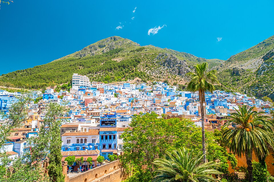 Chefchaouen the blue city of morocco with palm trees and the mountain view in the backrgound