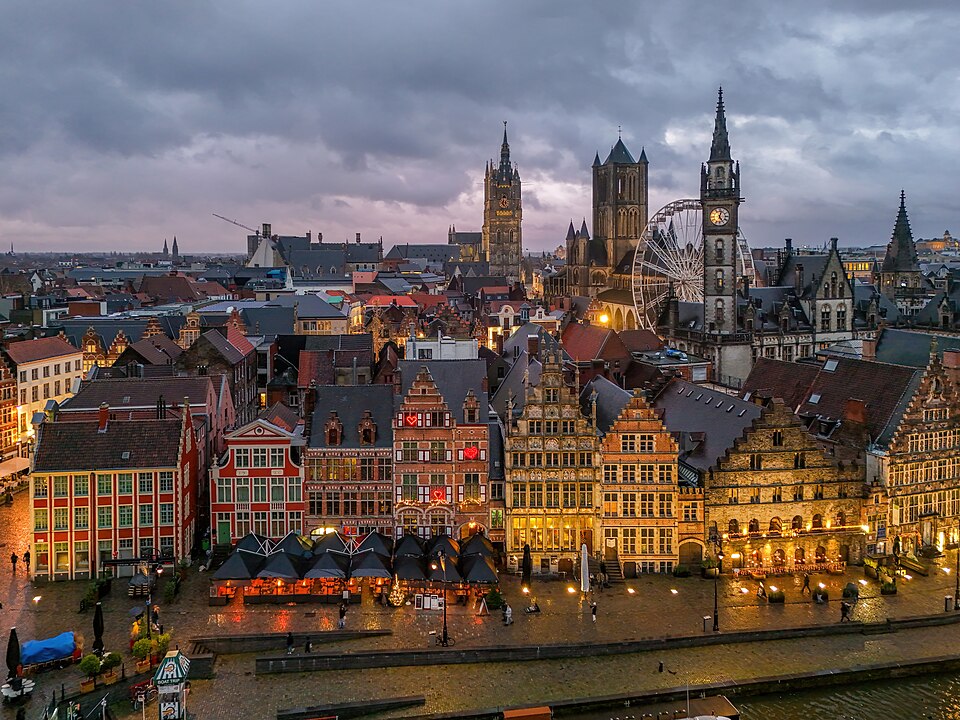 1007 Graslei, Clock tower of the Post Office, Church of Saint Nicolas in Ghent and Belfry of Ghent Photo by Giles Laurent
