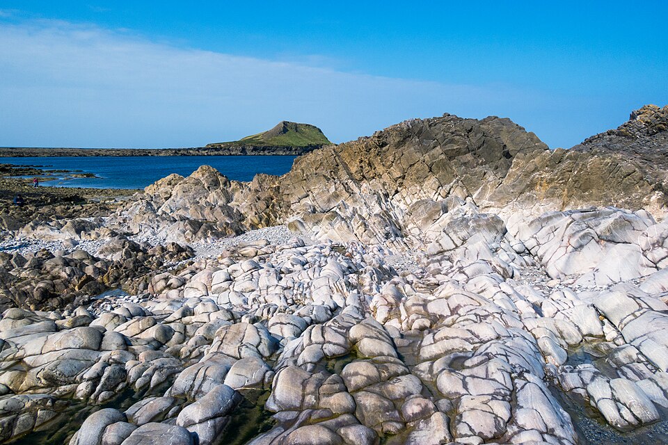 Rocky view of the Worms Head, Rhossili, Gower Peninsula, Wales