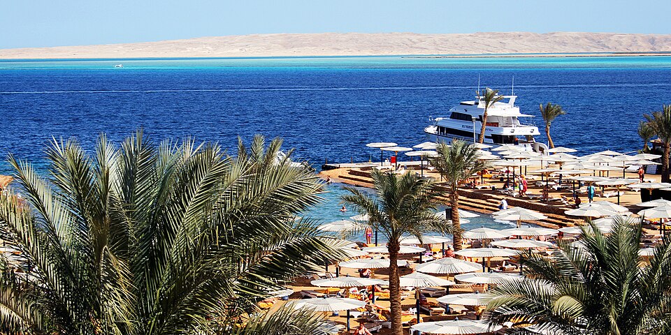 Hotel beach with a small marina in Hurghada