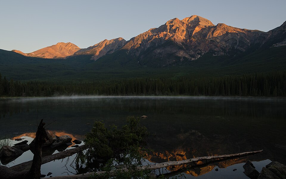 Pyramid Mountain and Lake at dawn