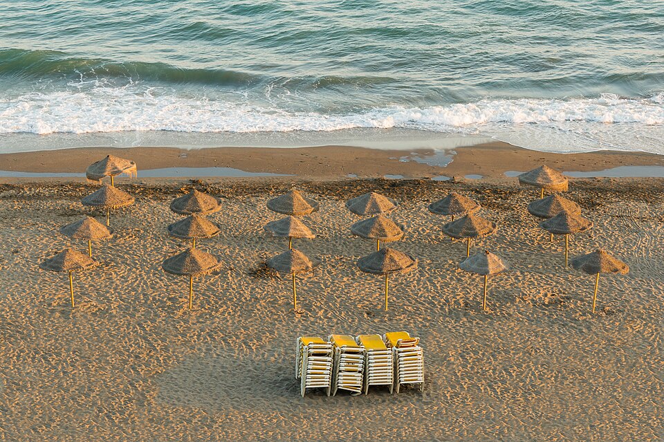 Parasols, Evening, Beach, Rincon de la Victoria, Andalusia, Spain
