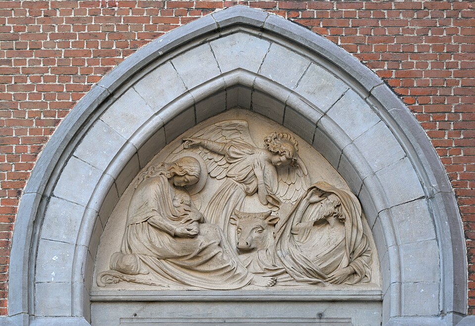 Left portal tympanum with Nativity, Sint Jozefskerk, Ostend, 2026