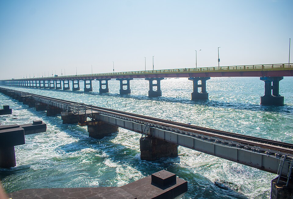 Both old Railway Bridge & National Highway (NH 49), Rameswaram, Tamil Nadu, India