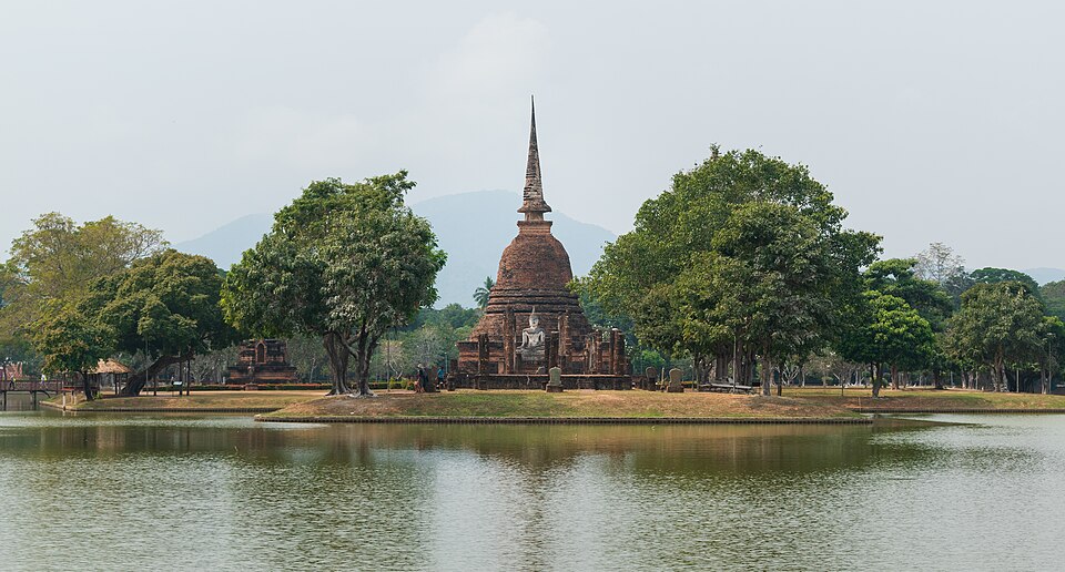 Sukhothai Wat Sa Si seen across the lotus pond Jan 2024
